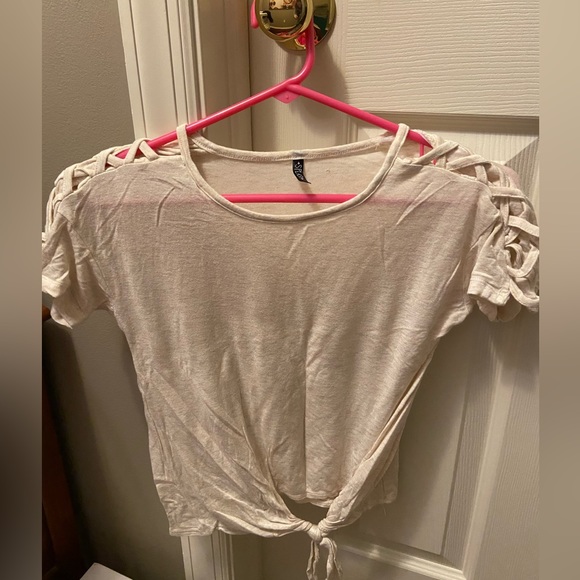 Beige tie front crop top with cross cross shoulders - Picture 1 of 4